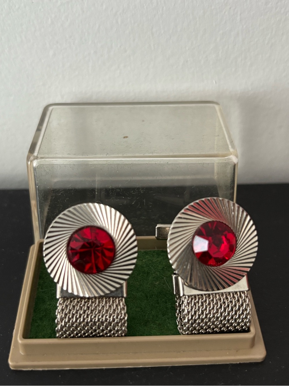 Vintage Silver-Tone Cufflinks with Red Faceted Stones